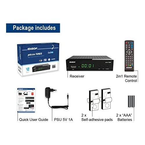  EDISION Picco T265 Full HD H.265 HEVC Terrestrial FTA Receiver T2 (1x DVB T2, USB, HDMI, SCART, S/PDIF, IR Eye, USB WiFi Support, 2 in 1 Remote Control, Black)