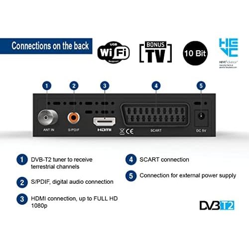  EDISION Picco T265 Full HD H.265 HEVC Terrestrial FTA Receiver T2 (1x DVB T2, USB, HDMI, SCART, S/PDIF, IR Eye, USB WiFi Support, 2 in 1 Remote Control, Black)