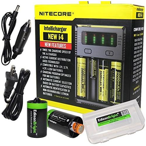  [아마존베스트]NITECORE New i4 battery Charger For Li-ion / IMR / Ni-MH/ Ni-Cd 18650 18350 16340 RCR123 14500 AA AAA D C w/ Ac and 12V DC (Car) power cords, EdisonBright BBX3 battery box, 2 X AA