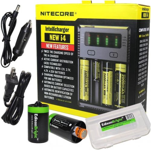  [아마존베스트]NITECORE New i4 battery Charger For Li-ion / IMR / Ni-MH/ Ni-Cd 18650 18350 16340 RCR123 14500 AA AAA D C w/ Ac and 12V DC (Car) power cords, EdisonBright BBX3 battery box, 2 X AA