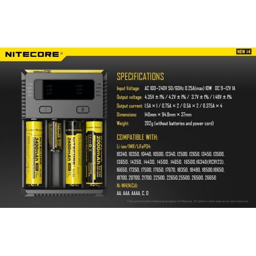  [아마존베스트]NITECORE New i4 battery Charger For Li-ion / IMR / Ni-MH/ Ni-Cd 18650 18350 16340 RCR123 14500 AA AAA D C w/ Ac and 12V DC (Car) power cords, EdisonBright BBX3 battery box, 2 X AA