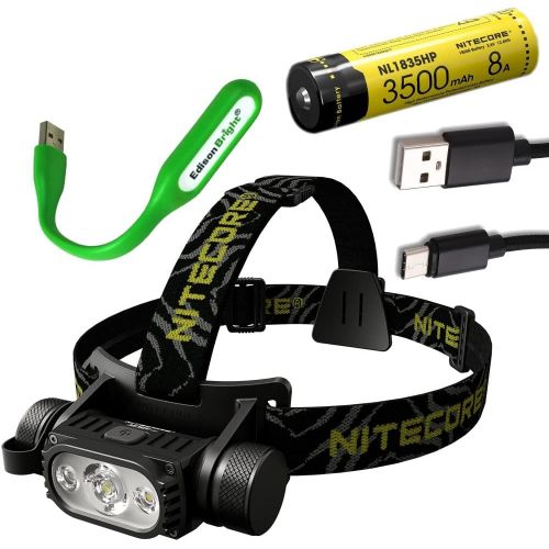  Nitecore HC65 V2 1750 Lumens LED Compact headlamp with NL1835HP Rechargeable Battery and EdisonBright USB Powered LED Reading Light