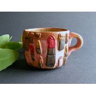 /EdoPottery Lucious Lipstick Extravaganza Cup in Speckled Stoneware Clay, Red Pink Tan Bown Rustic Birthday Gift Present Kitchen Coffee
