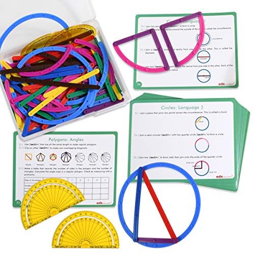 Edx Education GeoStix Deluxe Set - Learn Geometry with 100 Flexible Construction Sticks - Includes 2 Protractors and 16 Activity Cards - Manipulative for Math, Art and Fine Motor S