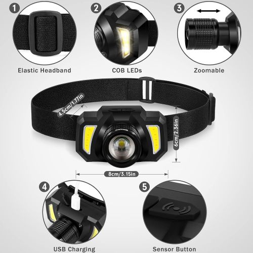 Headlamp Flashlight, EECOO Rechargeable LED Head Lamp, Super-Bright Zoomable Waterproof Headlight, with 6 Modes and Adjustable Headband, Perfect for Outdoors Camping, Hiking, Runni