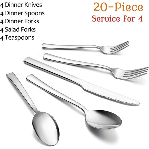  [아마존베스트]20-Piece Silverware Set, E-far Stainless Steel Flatware Set Service for 4, Modern Tableware Cutlery Set includes Forks, Spoons, Knives, Square Edge & Mirror Finish, Dishwasher Safe