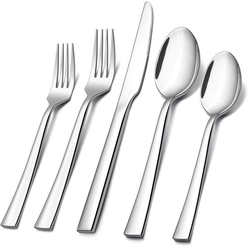  [아마존베스트]20-Piece Silverware Set, E-far Stainless Steel Flatware Set Service for 4, Modern Tableware Cutlery Set includes Forks, Spoons, Knives, Square Edge & Mirror Finish, Dishwasher Safe