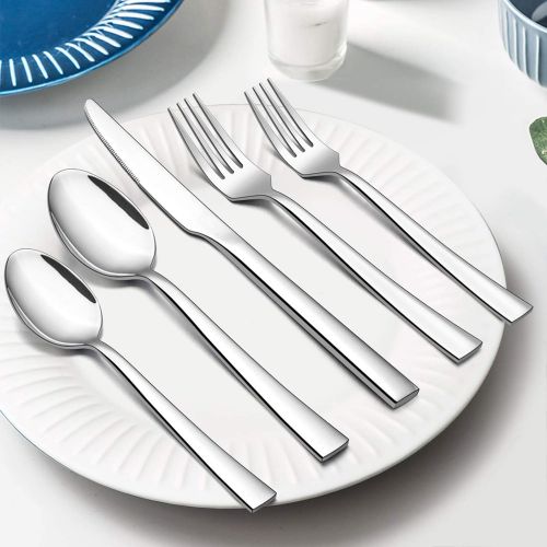  [아마존베스트]20-Piece Silverware Set, E-far Stainless Steel Flatware Set Service for 4, Modern Tableware Cutlery Set includes Forks, Spoons, Knives, Square Edge & Mirror Finish, Dishwasher Safe