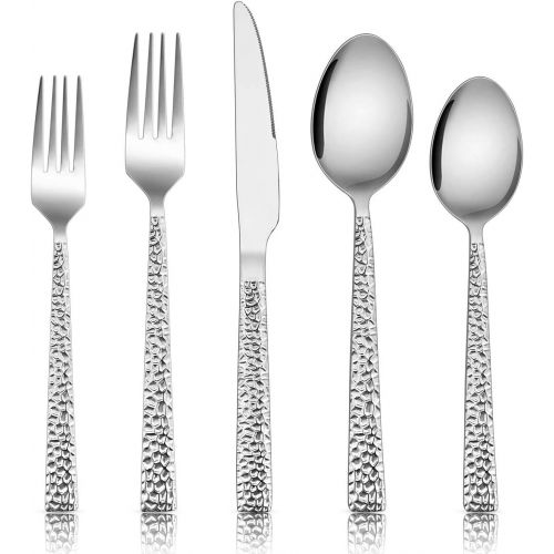  [아마존베스트]10-Piece Hammered Silverware Set, E-far Stainless Steel Square Flatware Set Service for 2, Tableware Cutlery Set Includes Forks Spoons Knives, Modern Design & Mirror Polished - Dis