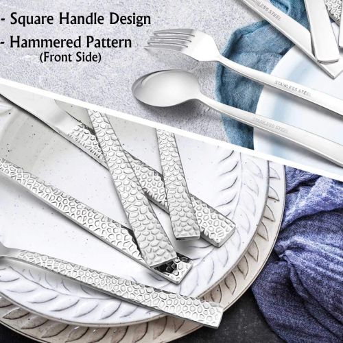  [아마존베스트]10-Piece Hammered Silverware Set, E-far Stainless Steel Square Flatware Set Service for 2, Tableware Cutlery Set Includes Forks Spoons Knives, Modern Design & Mirror Polished - Dis