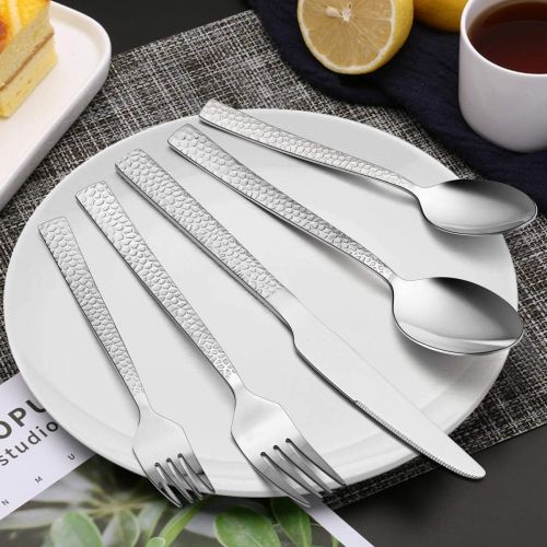  [아마존베스트]10-Piece Hammered Silverware Set, E-far Stainless Steel Square Flatware Set Service for 2, Tableware Cutlery Set Includes Forks Spoons Knives, Modern Design & Mirror Polished - Dis