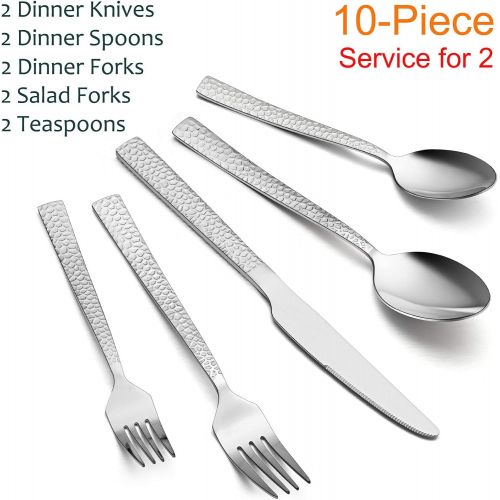  [아마존베스트]10-Piece Hammered Silverware Set, E-far Stainless Steel Square Flatware Set Service for 2, Tableware Cutlery Set Includes Forks Spoons Knives, Modern Design & Mirror Polished - Dis