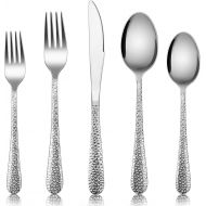 [아마존베스트]Hammered Silverware Set for 4, E-far 20-Piece Stainless Steel Flatware Cutlery Set, Includes Knives, Forks, Spoons, Modern Design & Mirror Polished - Dishwasher Safe