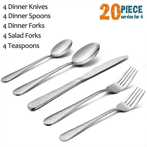  [아마존베스트]Hammered Silverware Set for 4, E-far 20-Piece Stainless Steel Flatware Cutlery Set, Includes Knives, Forks, Spoons, Modern Design & Mirror Polished - Dishwasher Safe