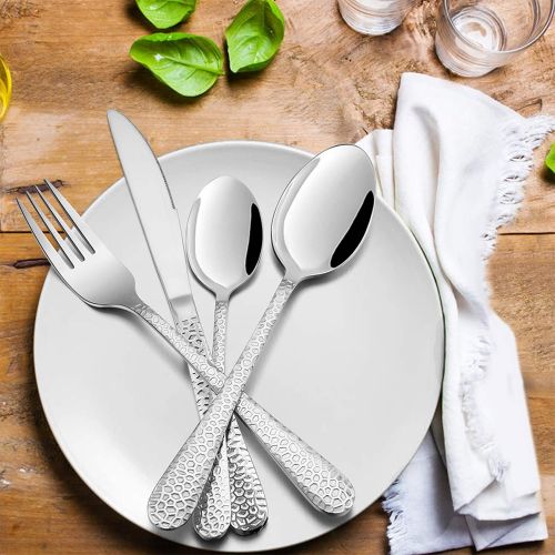  [아마존베스트]Hammered Silverware Set for 4, E-far 20-Piece Stainless Steel Flatware Cutlery Set, Includes Knives, Forks, Spoons, Modern Design & Mirror Polished - Dishwasher Safe