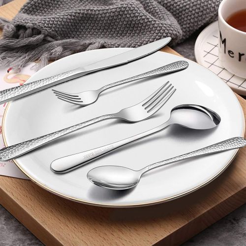  [아마존베스트]Hammered Silverware Set for 4, E-far 20-Piece Stainless Steel Flatware Cutlery Set, Includes Knives, Forks, Spoons, Modern Design & Mirror Polished - Dishwasher Safe