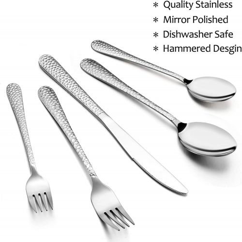  [아마존베스트]Hammered Silverware Set for 4, E-far 20-Piece Stainless Steel Flatware Cutlery Set, Includes Knives, Forks, Spoons, Modern Design & Mirror Polished - Dishwasher Safe