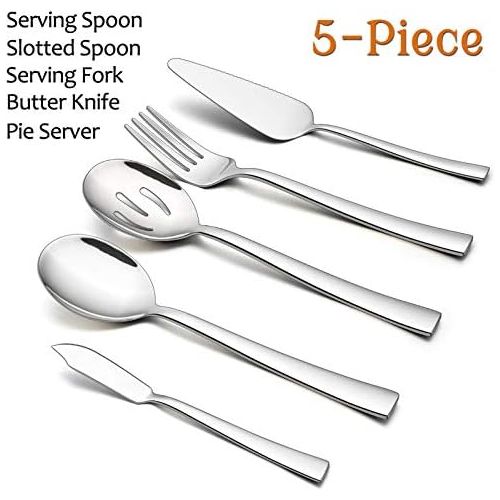  [아마존베스트]5-Piece Serving Utensils, E-far Stainless Steel Square Edge Hostess Serving Set for Buffet Party Kitchen Restaurant, Mirror Finished & Dishwasher Safe