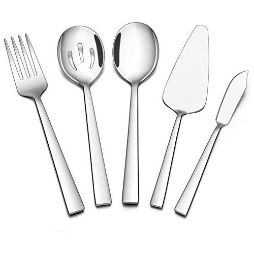  [아마존베스트]5-Piece Serving Utensils, E-far Stainless Steel Square Edge Hostess Serving Set for Buffet Party Kitchen Restaurant, Mirror Finished & Dishwasher Safe