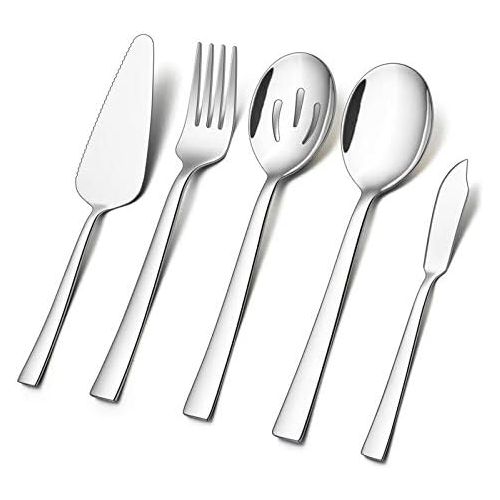  [아마존베스트]5-Piece Serving Utensils, E-far Stainless Steel Square Edge Hostess Serving Set for Buffet Party Kitchen Restaurant, Mirror Finished & Dishwasher Safe