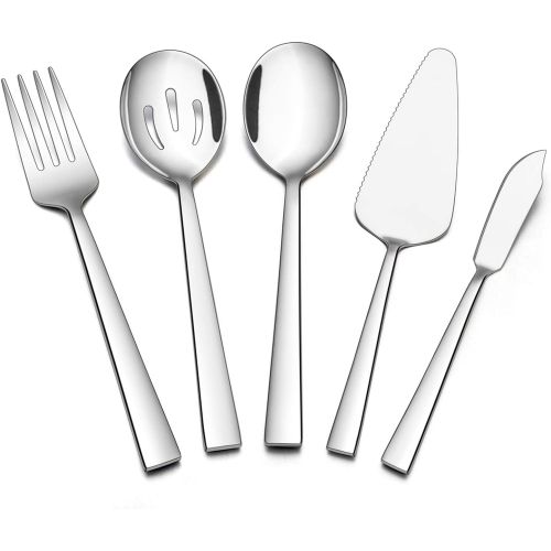  [아마존베스트]5-Piece Serving Utensils, E-far Stainless Steel Square Edge Hostess Serving Set for Buffet Party Kitchen Restaurant, Mirror Finished & Dishwasher Safe