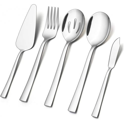  [아마존베스트]5-Piece Serving Utensils, E-far Stainless Steel Square Edge Hostess Serving Set for Buffet Party Kitchen Restaurant, Mirror Finished & Dishwasher Safe