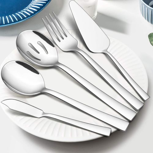  [아마존베스트]5-Piece Serving Utensils, E-far Stainless Steel Square Edge Hostess Serving Set for Buffet Party Kitchen Restaurant, Mirror Finished & Dishwasher Safe