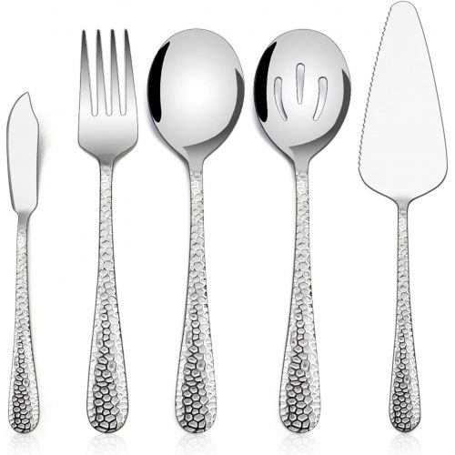  [아마존베스트]Hammered Serving Utensils, E-far 5-Piece Stainless Steel Hostess Serving Set for Buffet Party Kitchen Restaurant, Mirror Finished & Dishwasher Safe