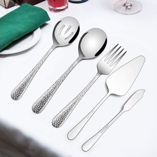  [아마존베스트]Hammered Serving Utensils, E-far 5-Piece Stainless Steel Hostess Serving Set for Buffet Party Kitchen Restaurant, Mirror Finished & Dishwasher Safe