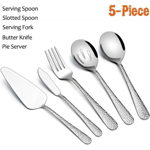  [아마존베스트]Hammered Serving Utensils, E-far 5-Piece Stainless Steel Hostess Serving Set for Buffet Party Kitchen Restaurant, Mirror Finished & Dishwasher Safe