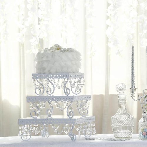  Efavormart Set of 3 White Chandelier Metal Cake Stands Square Cupcake Stands Dessert Display With Crystal Pendants