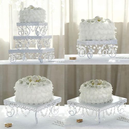  Efavormart Set of 3 White Chandelier Metal Cake Stands Square Cupcake Stands Dessert Display With Crystal Pendants