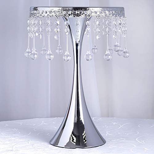  Efavormart.com Efavormart 17 Tall Silver Metallic Trumpet Cake Riser Centerpiece with Hanging Acrylic Crystal Chains Wedding Dessert Cake Stand