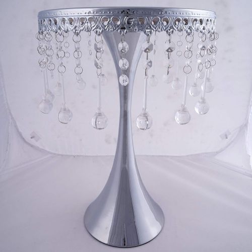  Efavormart.com Efavormart 17 Tall Silver Metallic Trumpet Cake Riser Centerpiece with Hanging Acrylic Crystal Chains Wedding Dessert Cake Stand