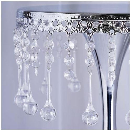  Efavormart.com Efavormart 17 Tall Silver Metallic Trumpet Cake Riser Centerpiece with Hanging Acrylic Crystal Chains Wedding Dessert Cake Stand