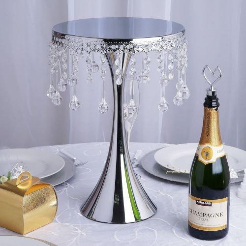  Efavormart.com Efavormart 17 Tall Silver Metallic Trumpet Cake Riser Centerpiece with Hanging Acrylic Crystal Chains Wedding Dessert Cake Stand