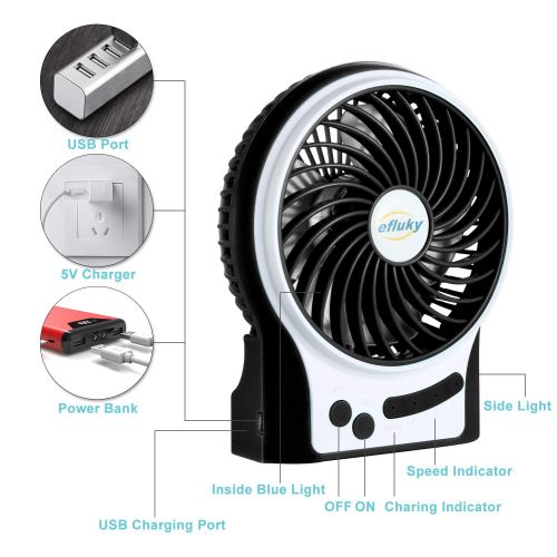  efluky 3 Speeds Mini Desk Fan, Rechargeable Battery Operated Fan with LED Light and 2200mAh Battery, Portable USB Fan Quiet for Home, Office, Travel, Camping, Outdoor, Indoor Fan,