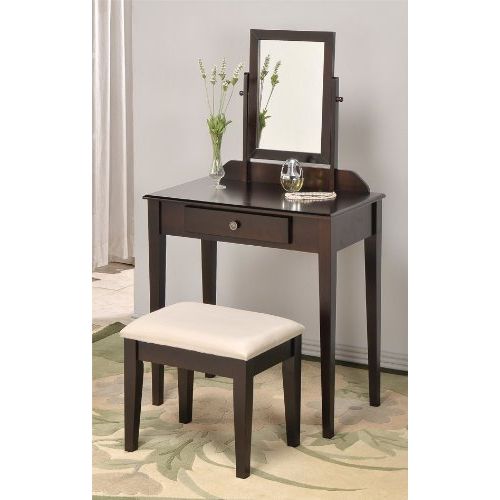  Efurniturecenters Contemporary Vanity Set with Adjustable Mirror and Stool Espresso Finish