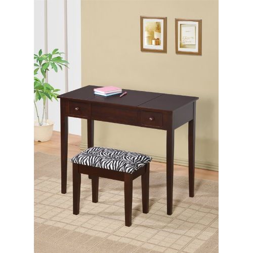  Efurniturecenters Contemporary Vanity Set with Flip Mirror Top and Zebra Print Stool Espresso Finish