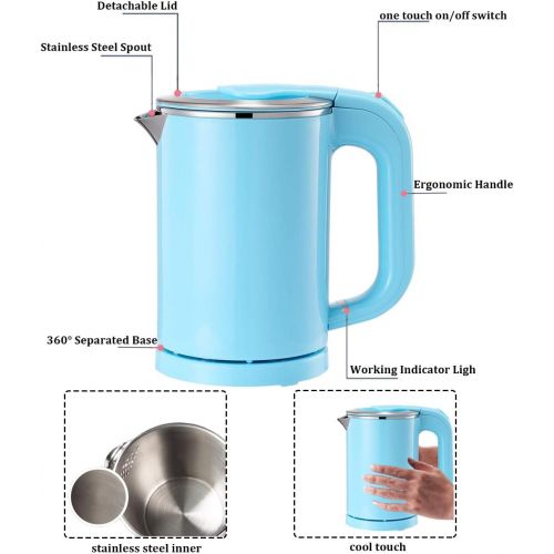  Eglaf 0.5L Small Electric Kettle - Portable Mini Stainless Steel Travel Kettle - Water Touch Inner Surface without Plastic & Cool Touch Outer Surface (Blue)