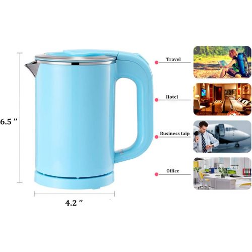  Eglaf 0.5L Small Electric Kettle - Portable Mini Stainless Steel Travel Kettle - Water Touch Inner Surface without Plastic & Cool Touch Outer Surface (Blue)