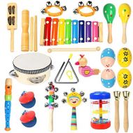 [아마존베스트]Toddler Musical Instruments Ehome 15 Types 22pcs Wooden Percussion Instruments Toy for Kids Preschool Educational, Musical Toys Set for Boys and Girls with Storage Bag