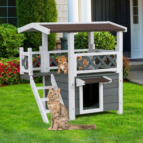  Eight24hours 2-Story Outdoor Weatherproof Wooden Cat House Condo Shelter with Ladder Only Organic Natural Silk Cocoons