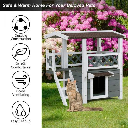  Eight24hours 2-Story Outdoor Weatherproof Wooden Cat House Condo Shelter with Ladder Only Organic Natural Silk Cocoons