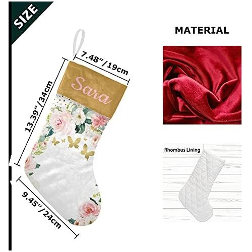  Eiis Pink Gold Floral Butterfly Personalized Christmas Stockings Holders Fireplace Hanging Family Xmas Decoration Holiday Season Party