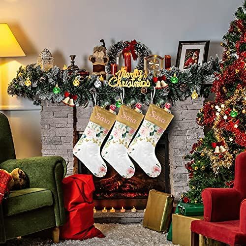  Eiis Pink Gold Floral Butterfly Personalized Christmas Stockings Holders Fireplace Hanging Family Xmas Decoration Holiday Season Party