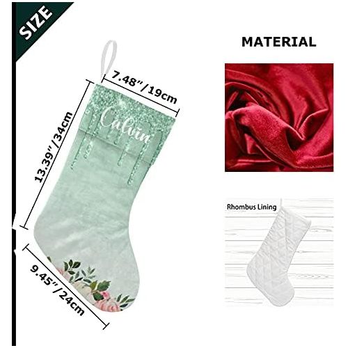  Eiis Pink Floral Mint Green Glitter Drips Personalized Christmas Stockings Holders Fireplace Hanging Family Xmas Decoration Holiday Season Party