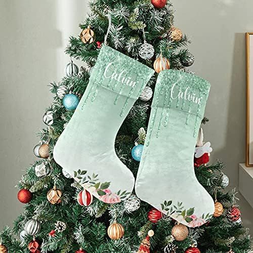  Eiis Pink Floral Mint Green Glitter Drips Personalized Christmas Stockings Holders Fireplace Hanging Family Xmas Decoration Holiday Season Party