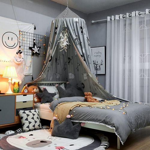  [아마존베스트]Bed Canopy Upgraded Spacious with Stars and Crown, Aimilaly 7 Doors Princess Mosquito Net Bed Canopy for Girls, Kids and Babies Bedroom Decor, Encrypted Fabric, Beige