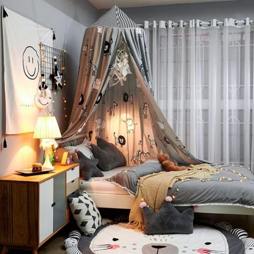  [아마존베스트]Bed Canopy Upgraded Spacious with Stars and Crown, Aimilaly 7 Doors Princess Mosquito Net Bed Canopy for Girls, Kids and Babies Bedroom Decor, Encrypted Fabric, Beige